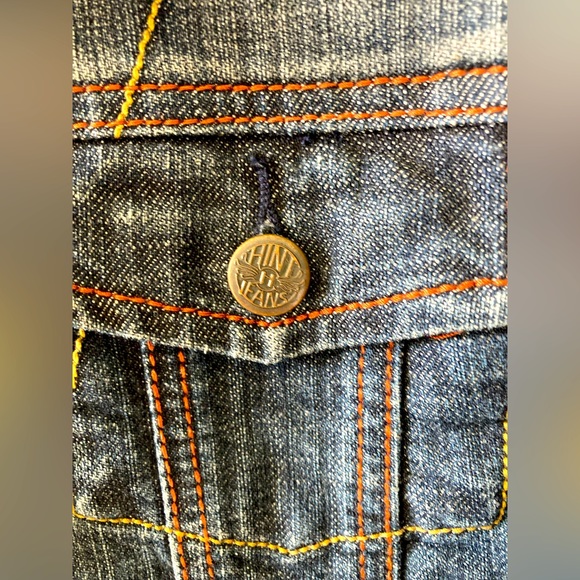 Cropped denim jacket w/ small edgy studs. Red & yellow stitching. Distressed - Picture 8 of 11